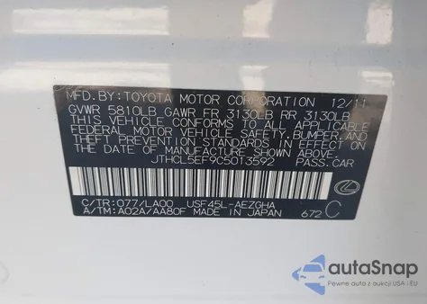 2012 Lexus Ls 460 from USA, damaged, VIN JTHCL5EF9C5013592